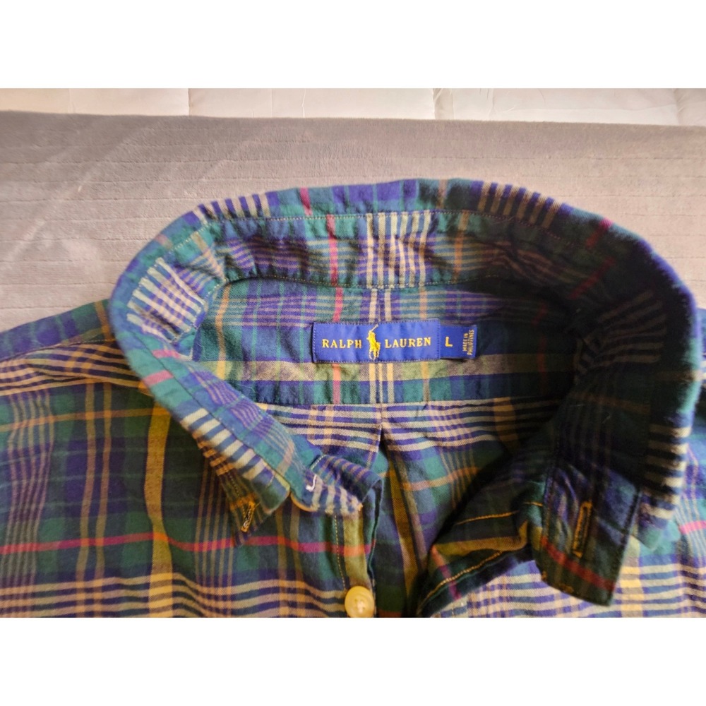 Ralph Lauren Womens Large Green Blue Plaid Cotton Button Down Shirt Long Sleeve